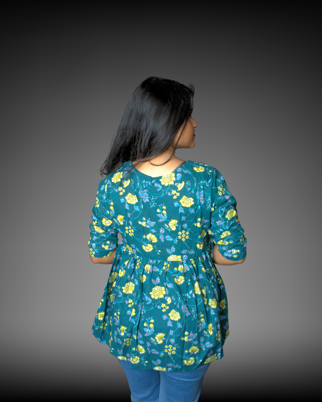 Women's Floral Print Cotton Peplum Top - Green