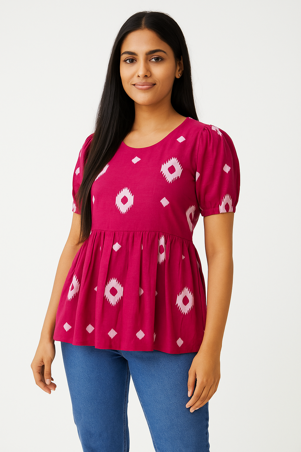 Women's Floral Print Cotton Peplum Top (Short-Hand Aliya-Cut)